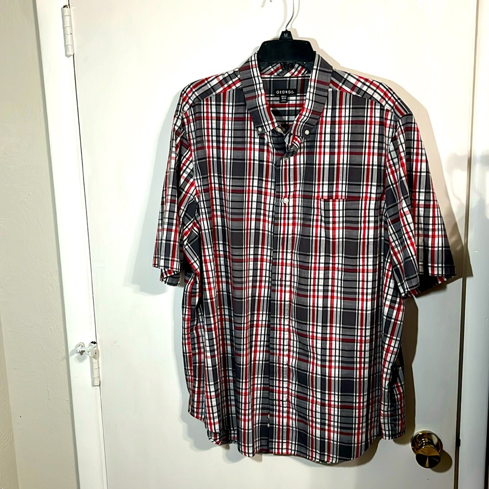 George men’s shirt, button-down, short sleeve plaid,